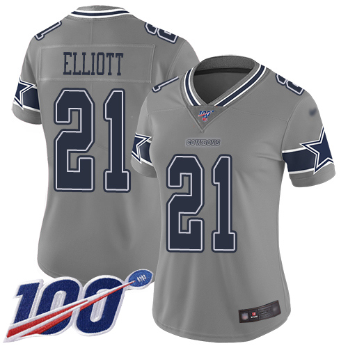 Cowboys #21 Ezekiel Elliott Gray Women's Stitched Football Limited Inverted Legend 100th Season Jersey Cowboys #21 Ezekiel Elliott Gray Women's Stitched Football Limited Inverted Legend 100th Season Jersey