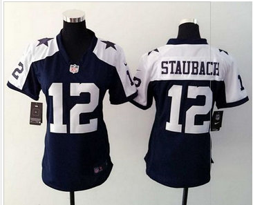 Women Nike Cowboys #12 Roger Staubach Navy Blue Thanksgiving Throwback Stitched NFL Elite Jersey