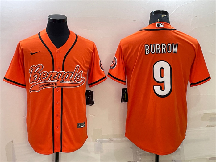 Men's Cincinnati Bengals #9 Joe Burrow Orange With Patch Cool Base Stitched Baseball Jersey Men's Cincinnati Bengals #9 Joe Burrow Orange With Patch Cool Base Stitched Baseball Jersey