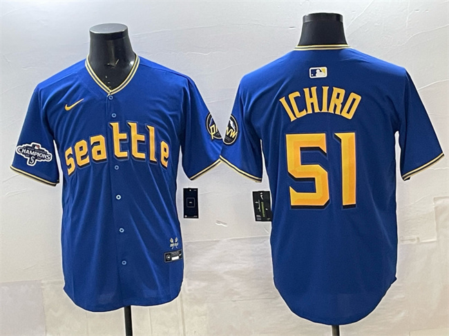 Men's Seattle Mariners #51 Ichiro Suzuki Royal With 2025 AL West Division Champions Patch Limited Stitched jersey Men's Seattle Mariners #51 Ichiro Suzuki Royal With 2025 AL West Division Champions Patch Limited Stitched jersey