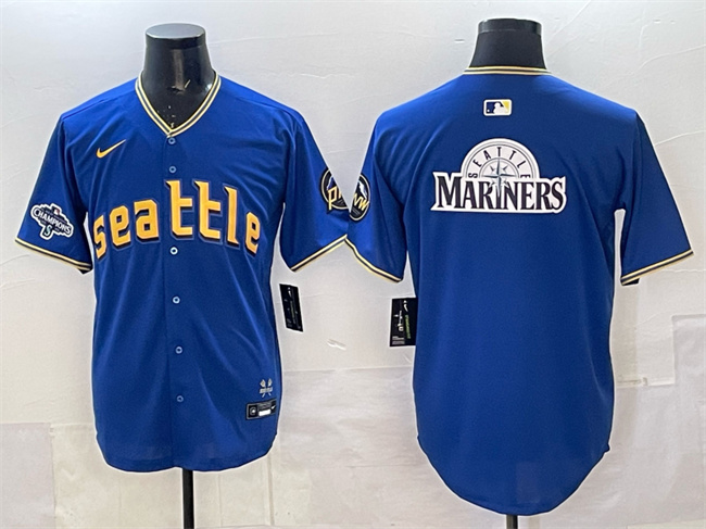 Men's Seattle Mariners Team Big Logo Royal With 2025 AL West Division Champions Patch City Connect Limited Stitched Baseball Jersey 1