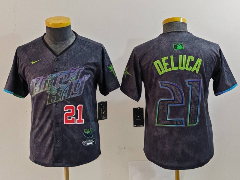 Youth Tampa Bay Rays #21 Jonny DeLuca Charcoal 2024 City Connect Limited Stitched Baseball Jersey 5