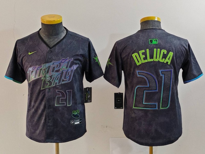 Youth Tampa Bay Rays #21 Jonny DeLuca Charcoal 2024 City Connect Limited Stitched Baseball Jersey 1