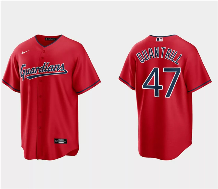 Men's Cleveland Guardians #47 Cal Quantrill Red Cool Base Stitched Jersey Men's Cleveland Guardians #47 Cal Quantrill Red Cool Base Stitched Jersey