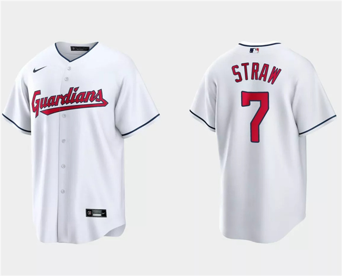 Men's Cleveland Guardians #7 Myles Straw White Cool Base Stitched Jersey Men's Cleveland Guardians #7 Myles Straw White Cool Base Stitched Jersey