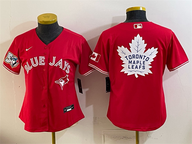 Youth Toronto Blue Jays & Leafs Red With White Leafs Logo 50 Seasons Patch Stitched Baseball Jersey