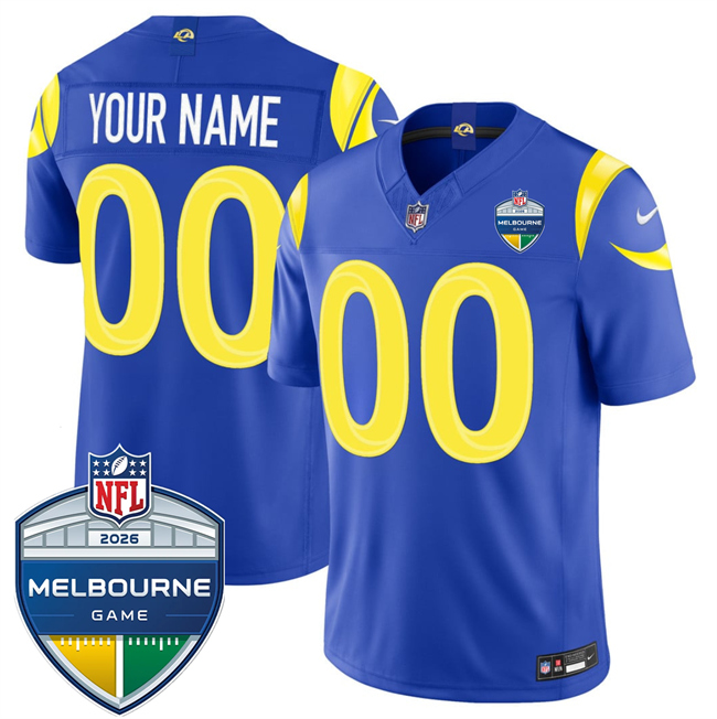 Men's Los Angeles Rams Active Player Custom Royal 2026 F.U.S.E. Melbourne Game Patch Vapor Limited Stitched Football Jersey Men's Los Angeles Rams Active Player Custom Royal 2026 F.U.S.E. Melbourne Game Patch Vapor Limited Stitched Football Jersey