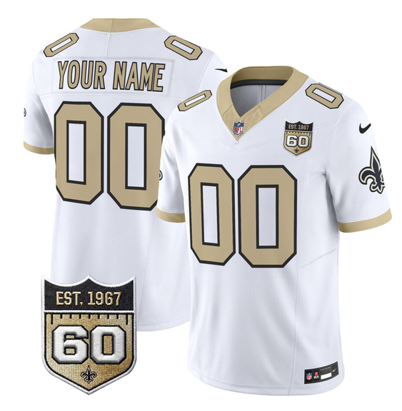Men's New Orleans Saints Active Player Custom White F.U.S.E. 60th Anniversary Patch Vapor Limited Stitched Football Jersey Men's New Orleans Saints Active Player Custom White F.U.S.E. 60th Anniversary Patch Vapor Limited Stitched Football Jersey