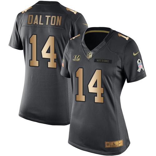 Nike Bengals #14 Andy Dalton Black Women's Stitched NFL Limited Gold Salute to Service Jersey