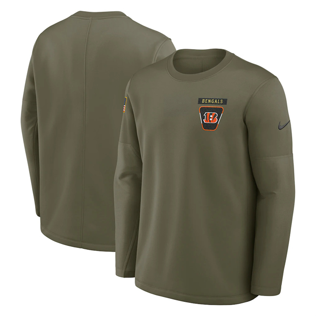 Men's Cincinnati Bengals Olive 2025 Salute to Service Sideline Coaches Therma-FIT Long Sleeve Shirt