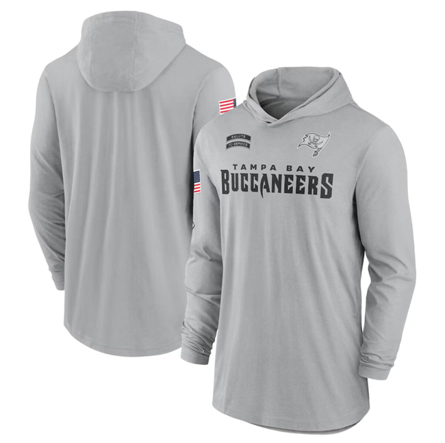 Men's Tampa Bay Buccaneers 2024 Gray Salute To Service Lightweight Performance Long Sleeve Hooded T-Shirt