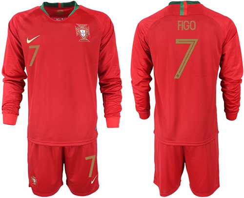 Portugal #7 Figo Home Long Sleeves Soccer Country Jersey