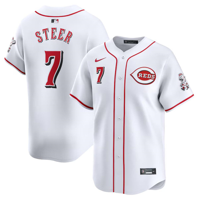 Men's Cincinnati Reds #7 Spencer Steer White Home Limited Stitched Baseball Jersey Men's Cincinnati Reds #7 Spencer Steer White Home Limited Stitched Baseball Jersey
