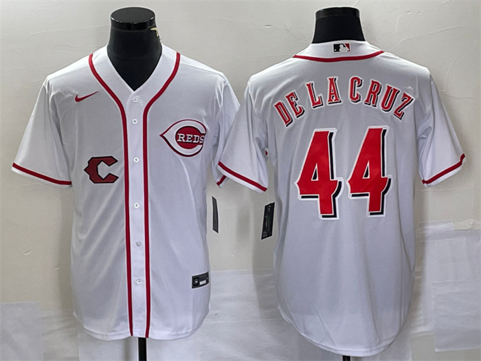 Men's Cincinnati Reds #44 Elly De La Cruz White Cool Base Stitched Baseball Jersey Men's Cincinnati Reds #44 Elly De La Cruz White Cool Base Stitched Baseball Jersey