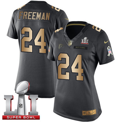Nike Falcons #24 Devonta Freeman Black Super Bowl LI 51 Women's Stitched NFL Limited Gold Salute to Service Jersey