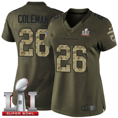 Nike Falcons #26 Tevin Coleman Green Super Bowl LI 51 Women's Stitched NFL Limited Salute to Service Jersey