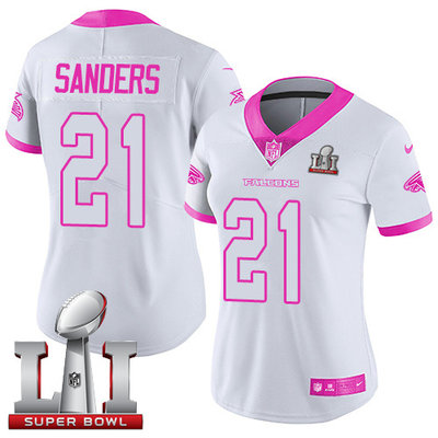 Nike Falcons #21 Deion Sanders White Pink Super Bowl LI 51 Women's Stitched NFL Limited Rush Fashion Jersey