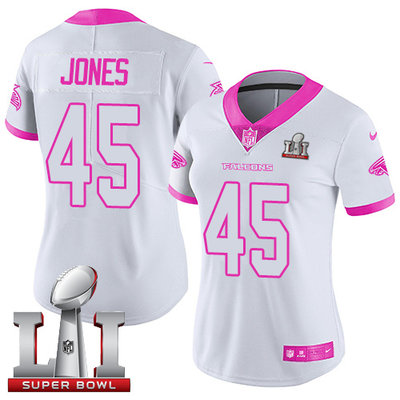 Nike Falcons #45 Deion Jones White Pink Super Bowl LI 51 Women's Stitched NFL Limited Rush Fashion Jersey