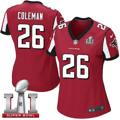 Nike Falcons #26 Tevin Coleman Red Team Color Super Bowl LI 51 Women's Stitched NFL Elite Jersey