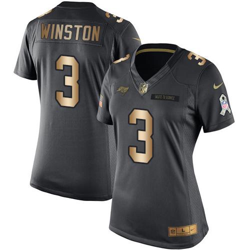 Nike Buccaneers #3 Jameis Winston Black Women's Stitched NFL Limited Gold Salute to Service Jersey Nike Buccaneers #3 Jameis Winston Black Women's Stitched NFL Limited Gold Salute to Service Jersey