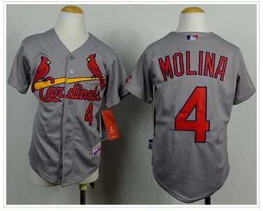Youth Cardinals #4 Yadier Molina Grey Cool Base Baseball Jersey