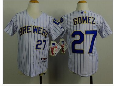 Milwaukee Brewers #27 Carlos Gomez White(Blue Stripe) Cool Base Stitched Youth Baseball Jersey