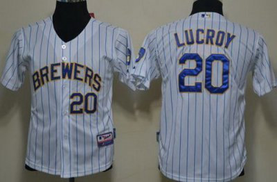 Kids Milwaukee Brewers 20 Lucroy White Blue Strip Baseball MLB Jerseys