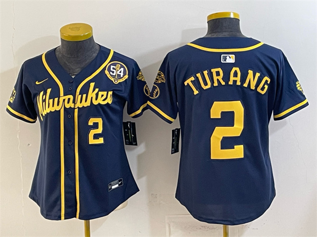 Youth Milwaukee Brewers #2 Brice Turang Navy With Home & Bob Uecker Patch Limited Stitched Jersey