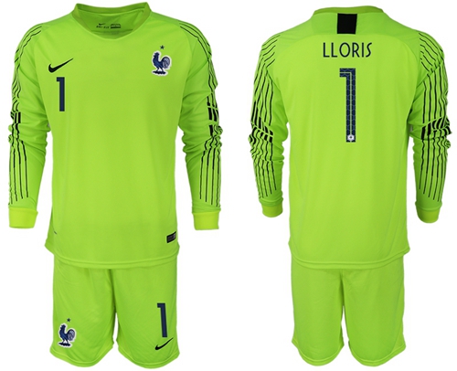 France #1 LLORIS Shiny Green Goalkeeper Long Sleeves Soccer Country Jersey