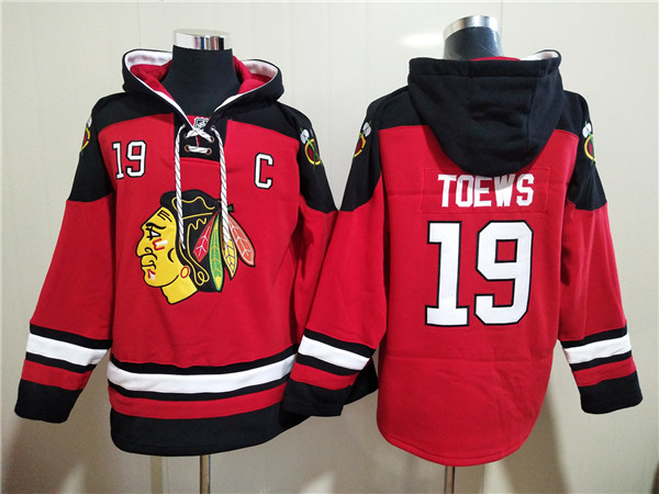 Men's Chicago Blackhawks #19 Jonathan Toews Red Ageless Must-Have Lace-Up Pullover Hoodie Men's Chicago Blackhawks #19 Jonathan Toews Red Ageless Must-Have Lace-Up Pullover Hoodie