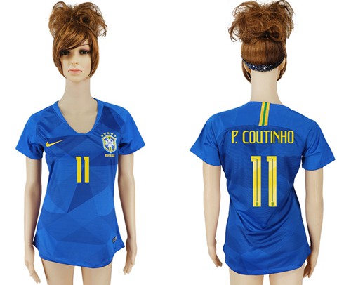 Women's Brazil #11 P.Coutinho Away Soccer Country Jersey