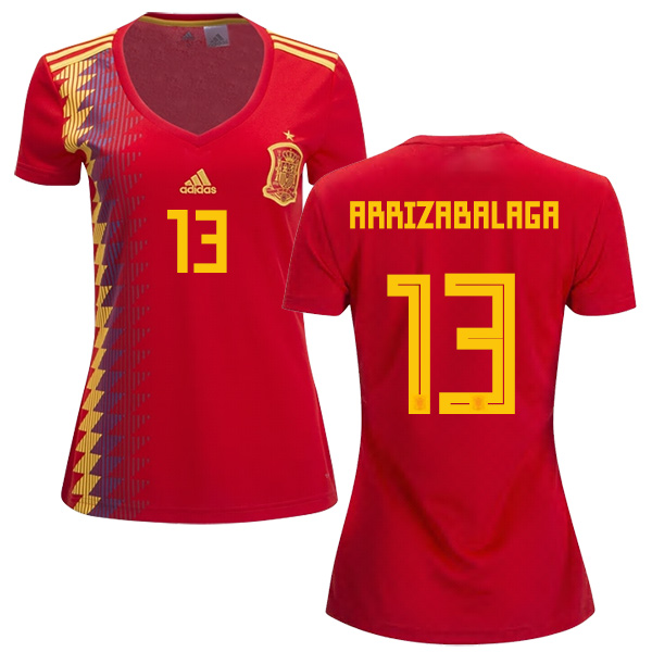 Women's Spain #13 Arrizabalaga Red Home Soccer Country Jersey