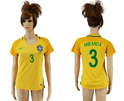 Women's Brazil #3 Miranda Home Soccer Country Jersey