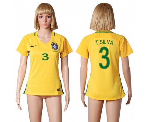 Women's Brazil #3 T.Silva Home Soccer Country Jersey
