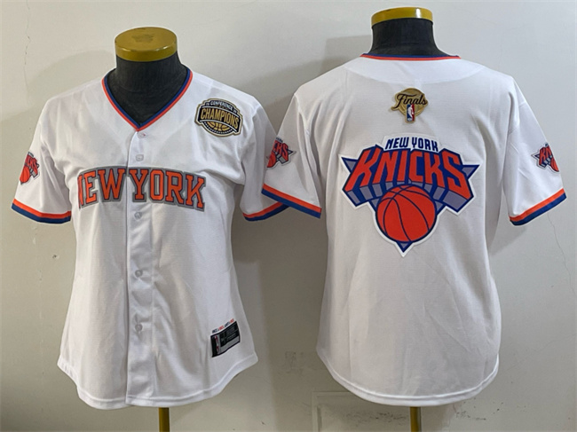 Youth New York Knicks Team Big Logo White 2026 Finals & Eastern Conference Champions Patch Stitched Baseball Jersey