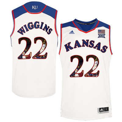 Kansas Jayhawks 22 Andrew Wiggins White With Portrait Print College Basketball Jersey