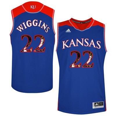 Kansas Jayhawks 22 Andrew Wiggins Blue With Portrait Print College Basketball Jersey