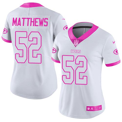 Nike Packers #52 Clay Matthews White Pink Women's Stitched NFL Limited Rush Fashion Jersey