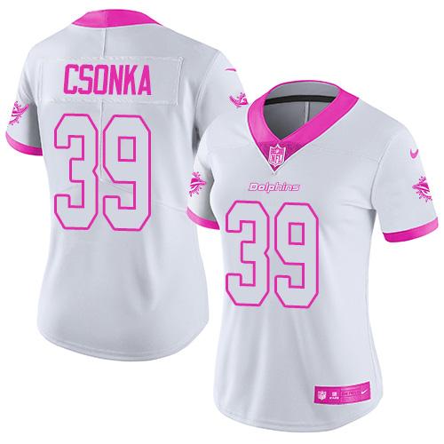 Nike Dolphins #39 Larry Csonka White Pink Women's Stitched NFL Limited Rush Fashion Jersey