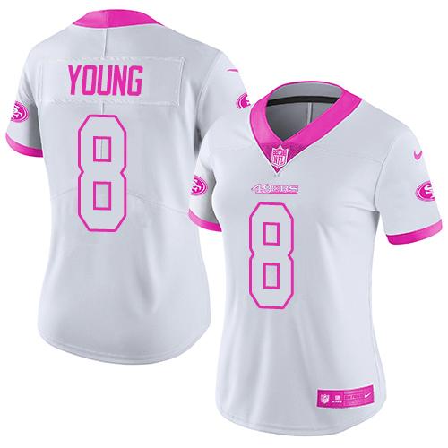 Nike 49ers #8 Steve Young White Pink Women's Stitched NFL Limited Rush Fashion Jersey
