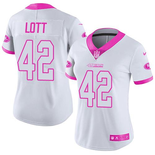 Nike 49ers #42 Ronnie Lott White Pink Women's Stitched NFL Limited Rush Fashion Jersey