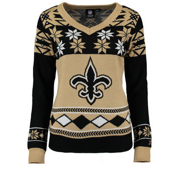 Women's New Orleans Saints Klew Black Gold Big Logo V-Neck Ugly Sweater