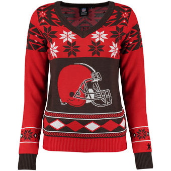 Women's Cleveland Browns Klew Brown Orange Big Logo V-Neck Ugly Sweater