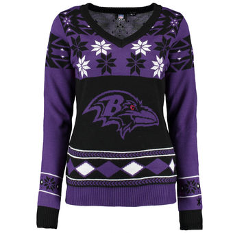 Women's Baltimore Ravens Klew Purple Black Big Logo V-Neck Ugly Sweater