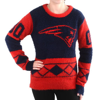 Women's New England Patriots Klew Navy Blue Eyelash Crew Ugly Sweater