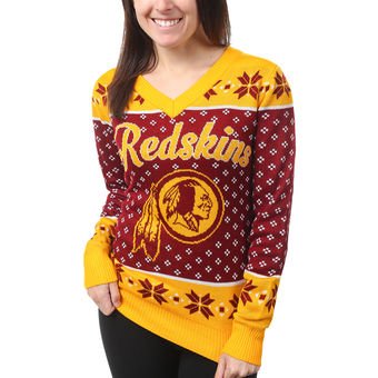 Women's Washington Redskins Klew Burgundy Big Logo V-Neck Sweater