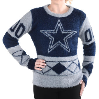 Women's Dallas Cowboys Klew Navy Blue Eyelash Crew Ugly Sweater