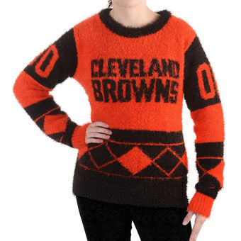 Women's Cleveland Browns Klew Brown Eyelash Crew Ugly Sweater