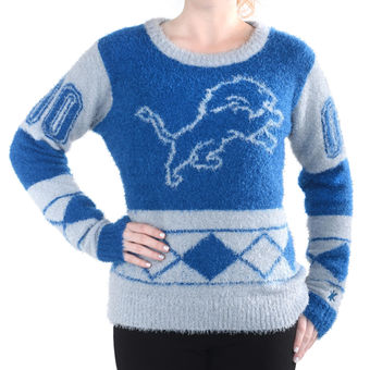 Women's Detroit Lions Klew Blue Eyelash Crew Ugly Sweater