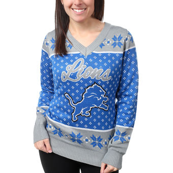 Women's Detroit Lions Klew Blue Big Logo V-Neck Sweater